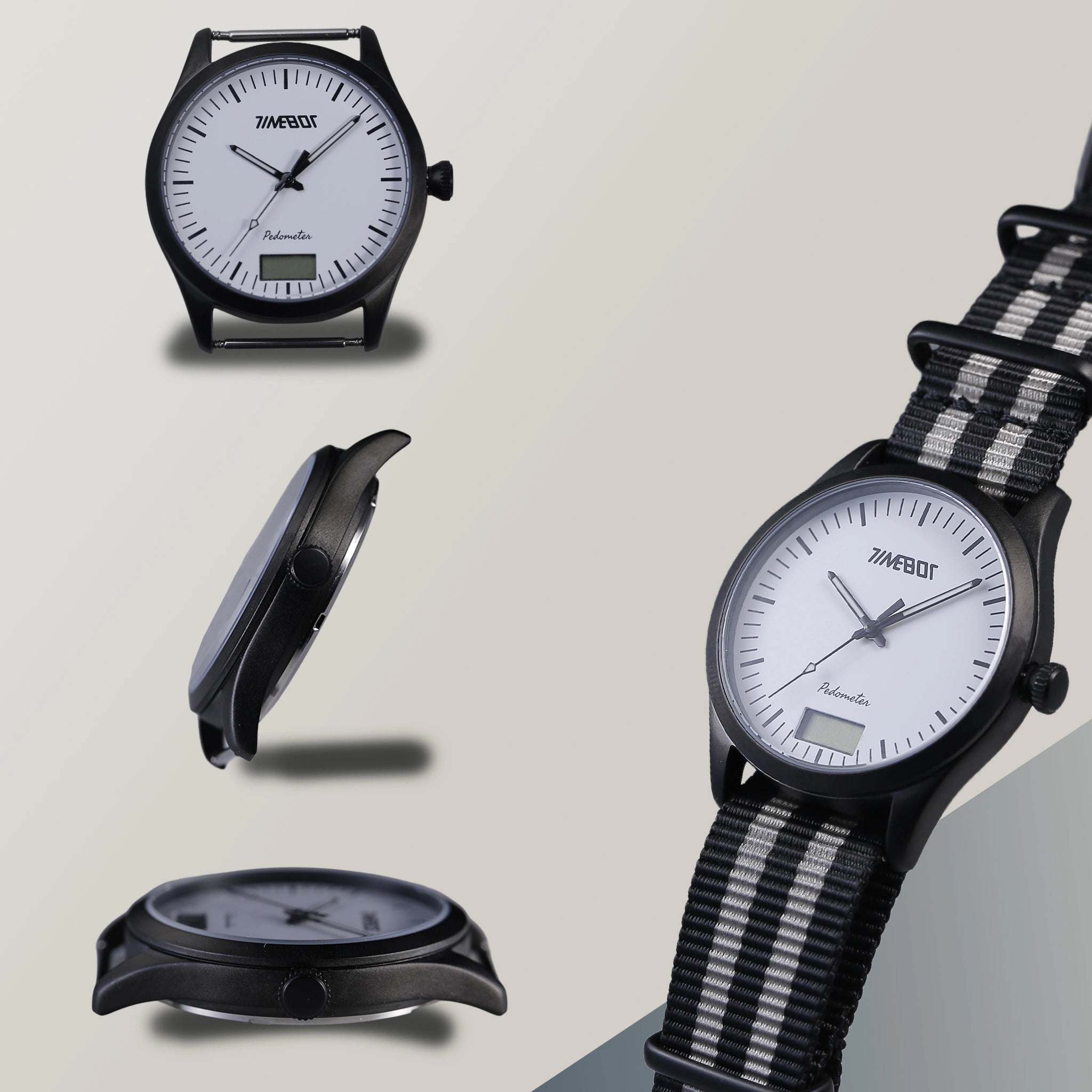 Timebot t591c3 pedometer watch with different views on a light gray background