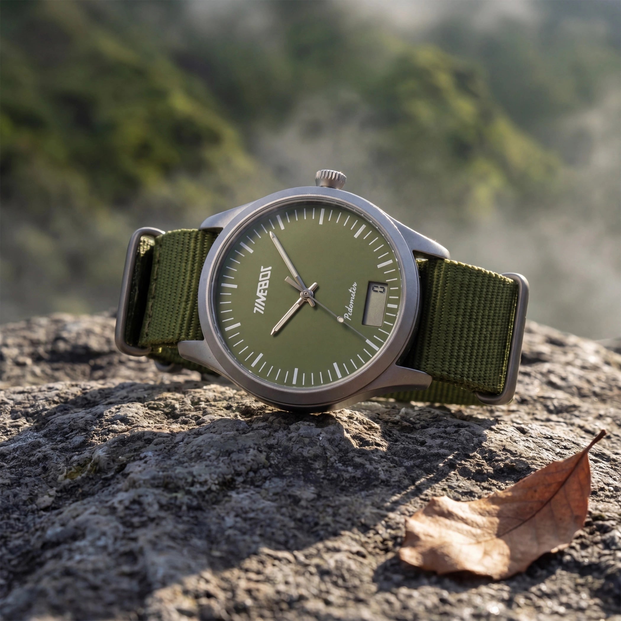 Timebot T591C4 simple step counter watch resting outdoors on a grey rock surface