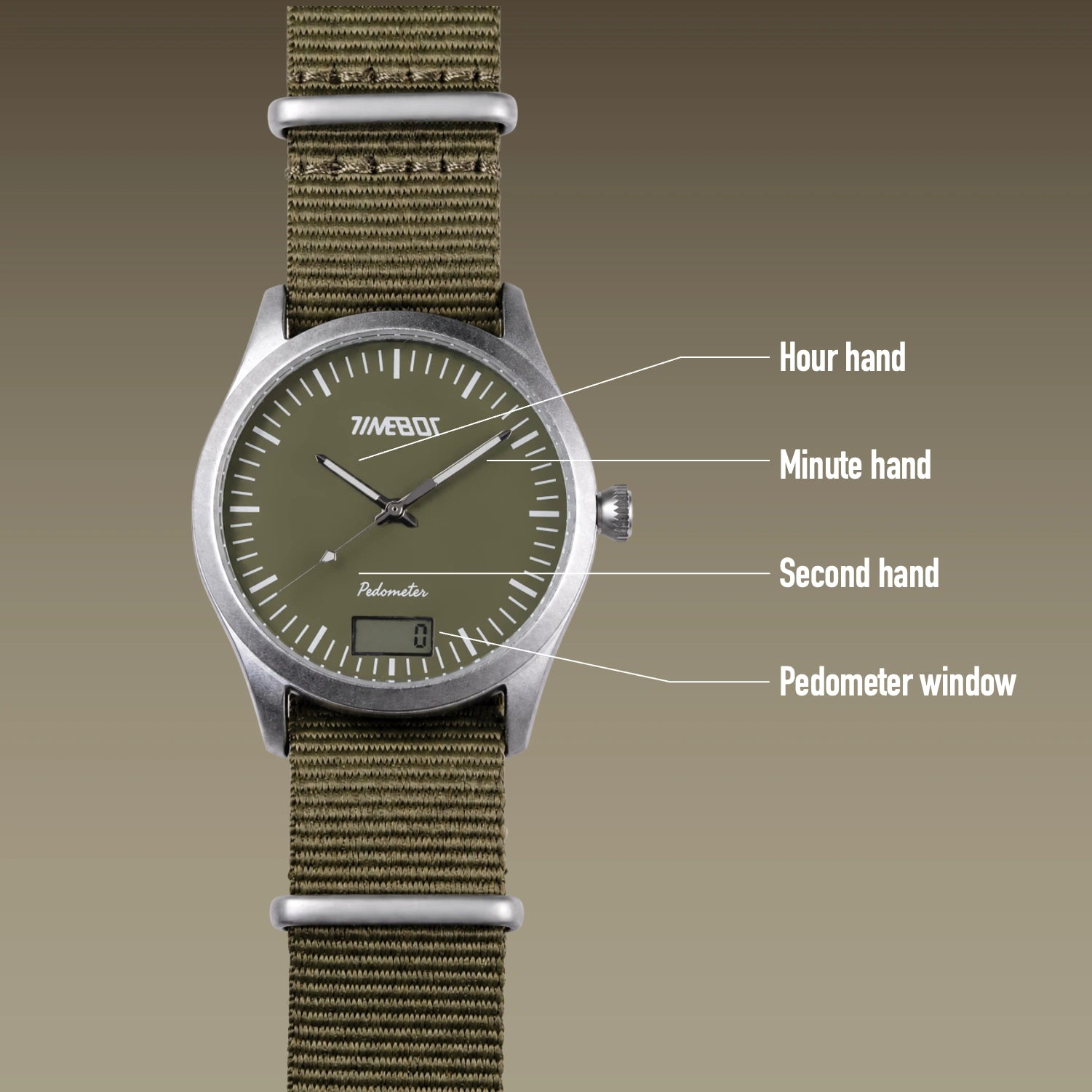 Timebot Silver Case Pedometer Watch - Khaki