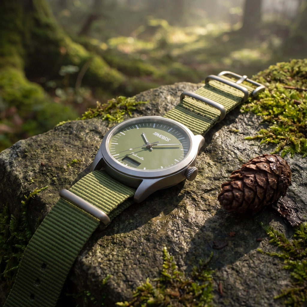 timebot Green watch t591c5 with matching strap on a mossy rock in a forest setting