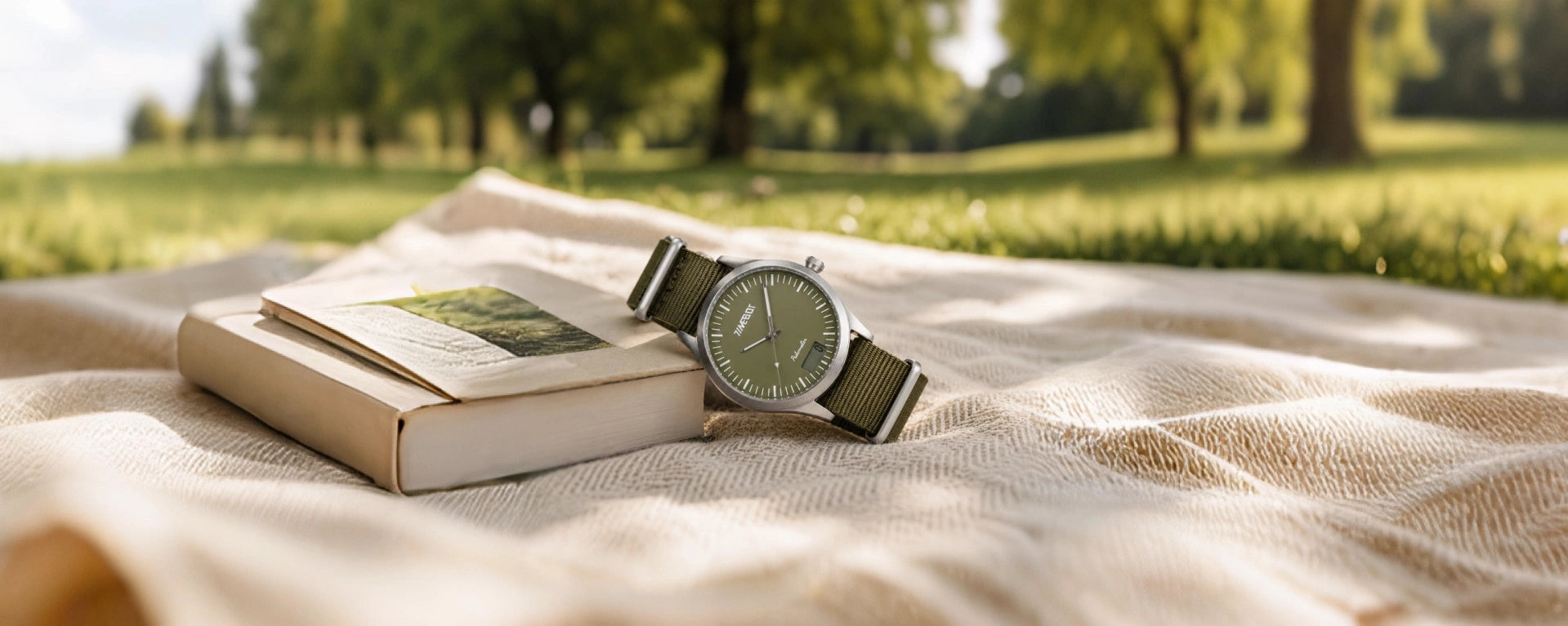 timebot t591c5 pedometer watch and book on a textured surface with a blurred natural background