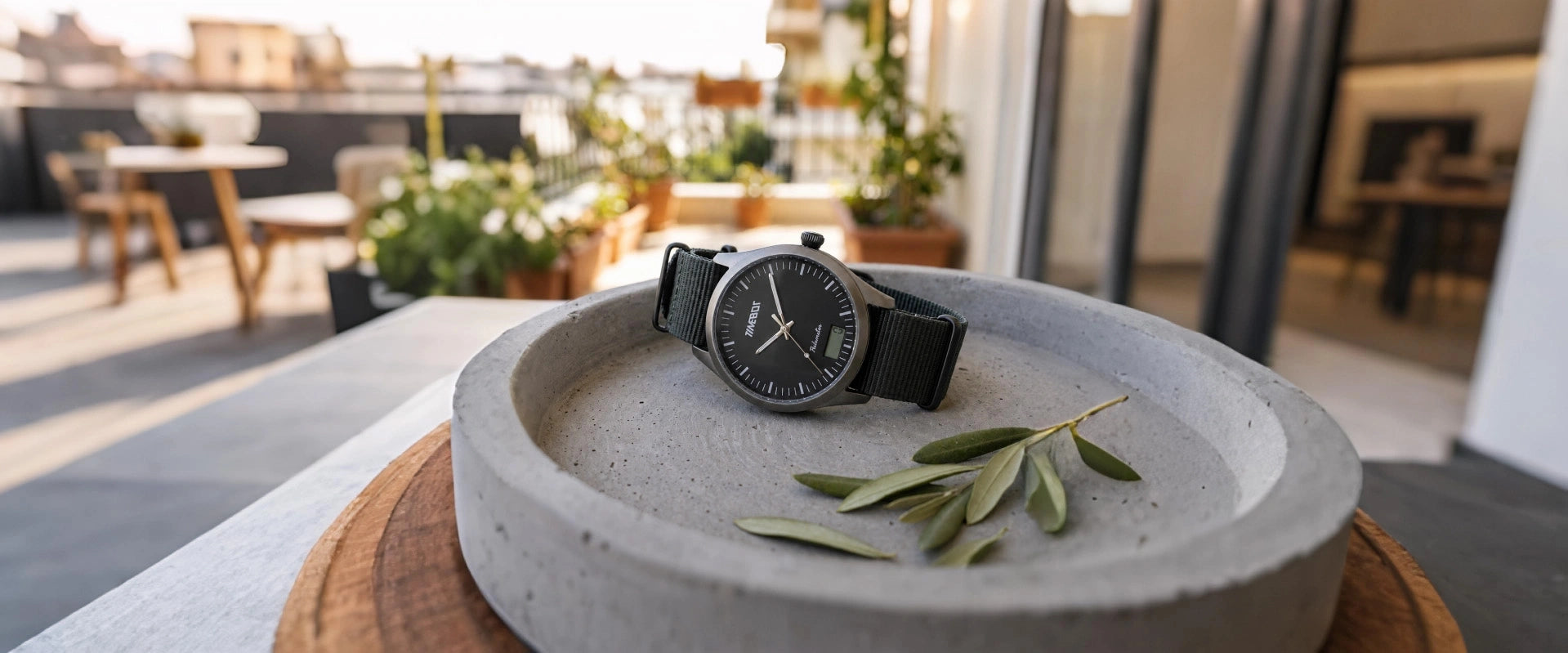 Timebot T591C7 Black hybrid watch on a concrete surface with green leaves, outdoor setting