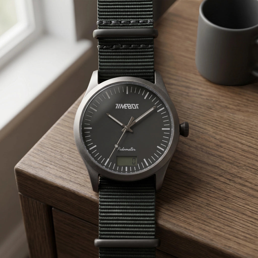 Front view of the Timebot T591C7 pedometer watch resting flat on an office desk