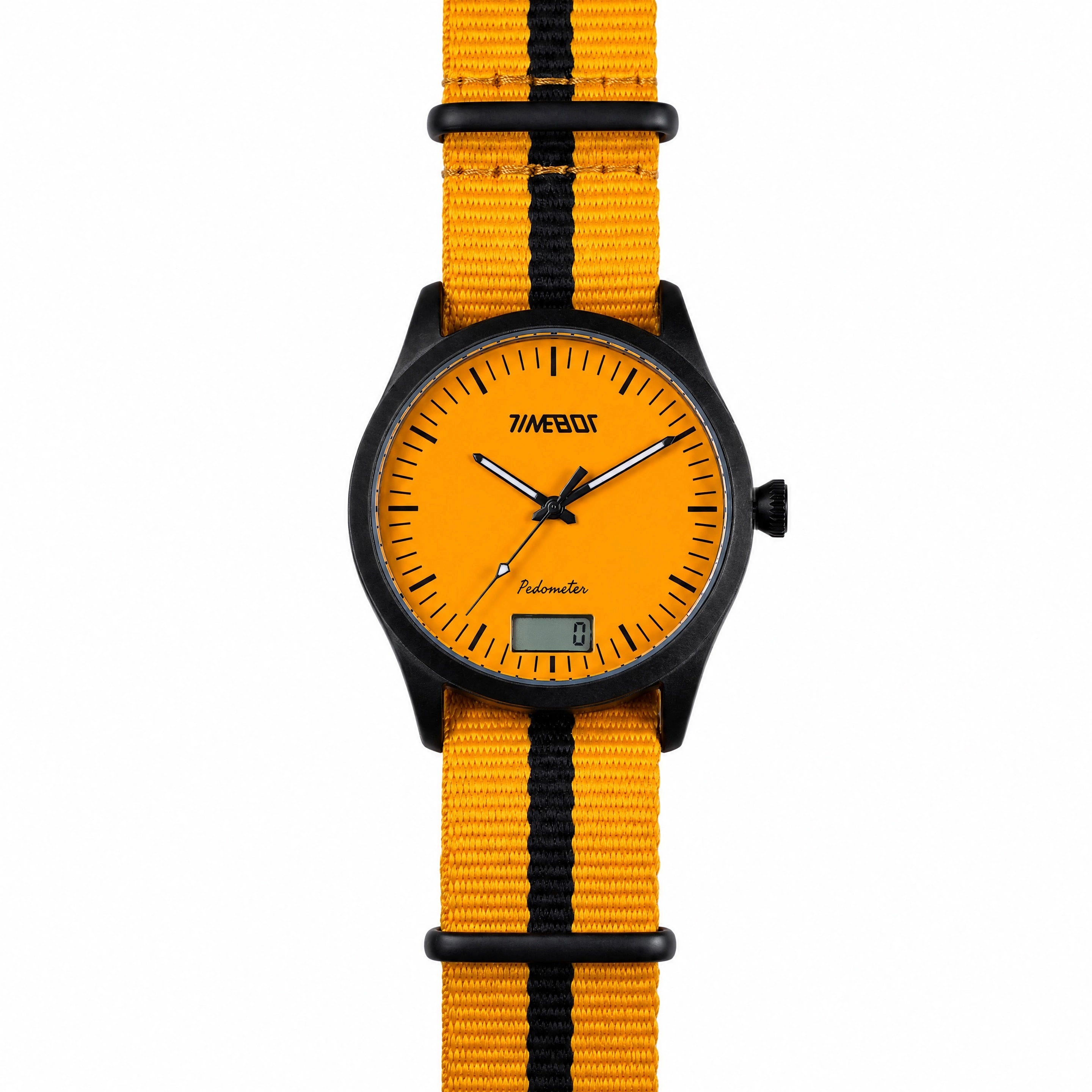 Timebot T591C2 Orange watch with step counting window on a white background