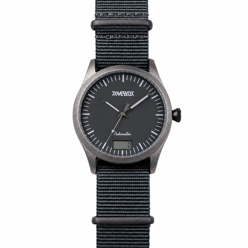 Black timebot hybrid watch with a digital step display on a white background