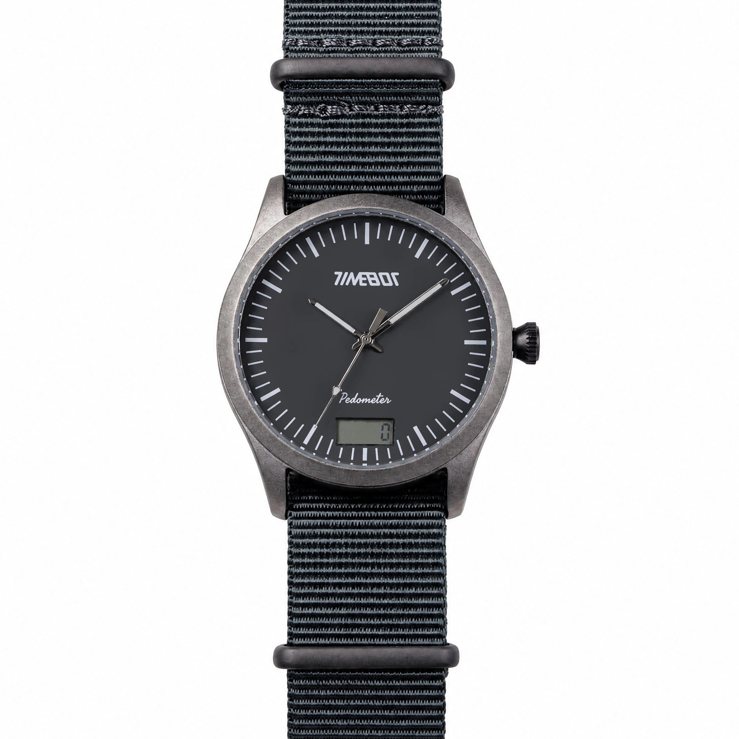 Black timebot hybrid watch with a digital step display on a white background