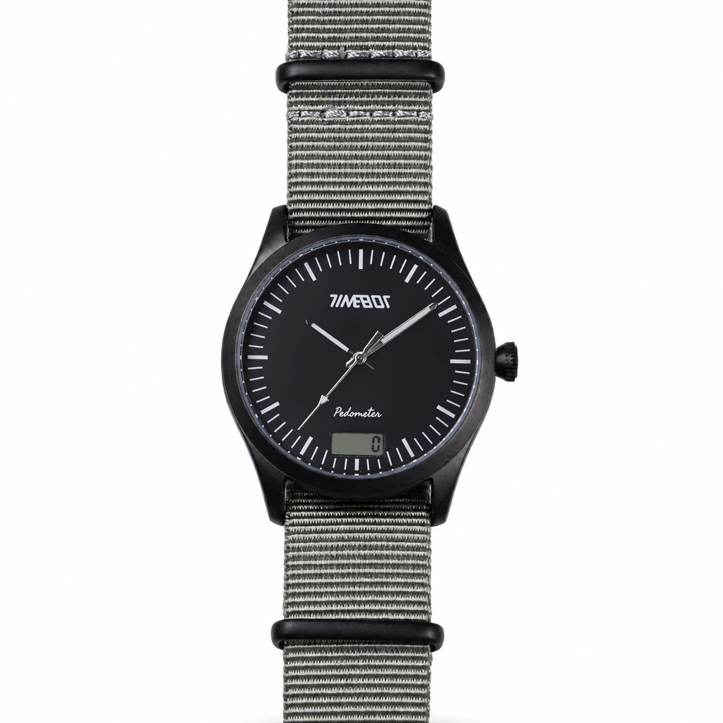 Timebot watch T591C1 with black dial and gray nato nylon strap on a white background