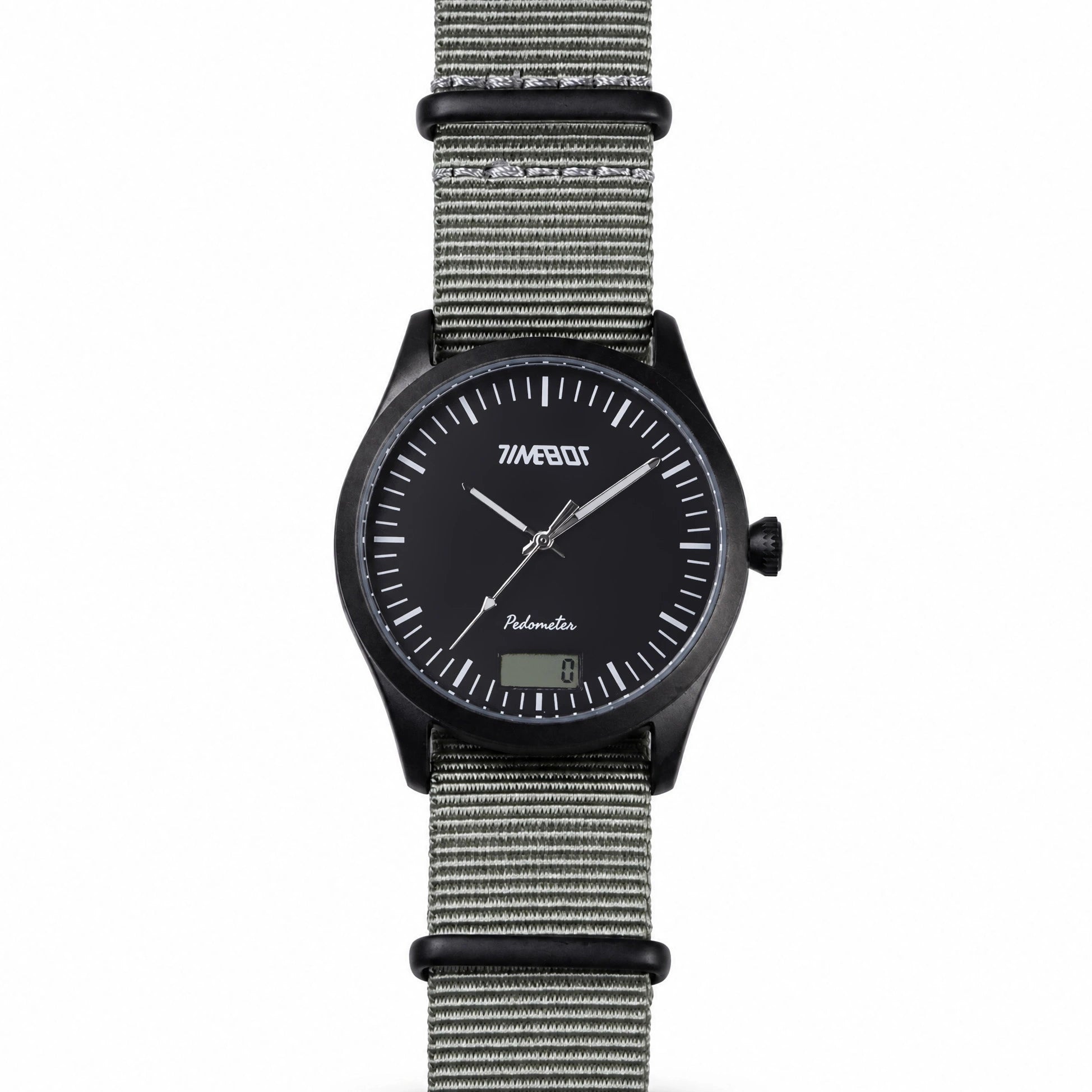 Timebot watch T591C1 with black dial and gray nato nylon strap on a white background