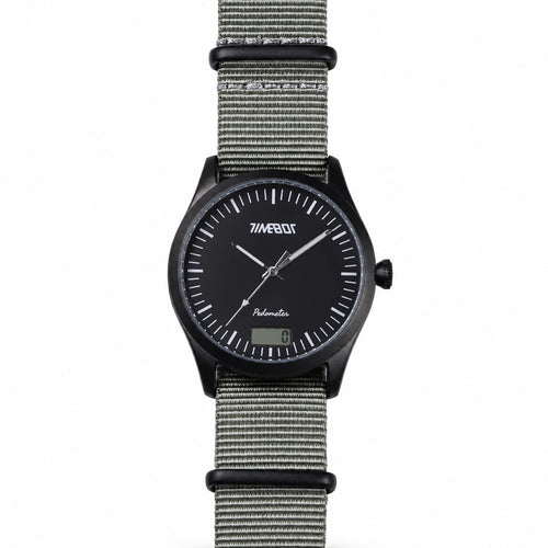 Timebot watch T591C1 with black dial and gray nato nylon strap on a white background