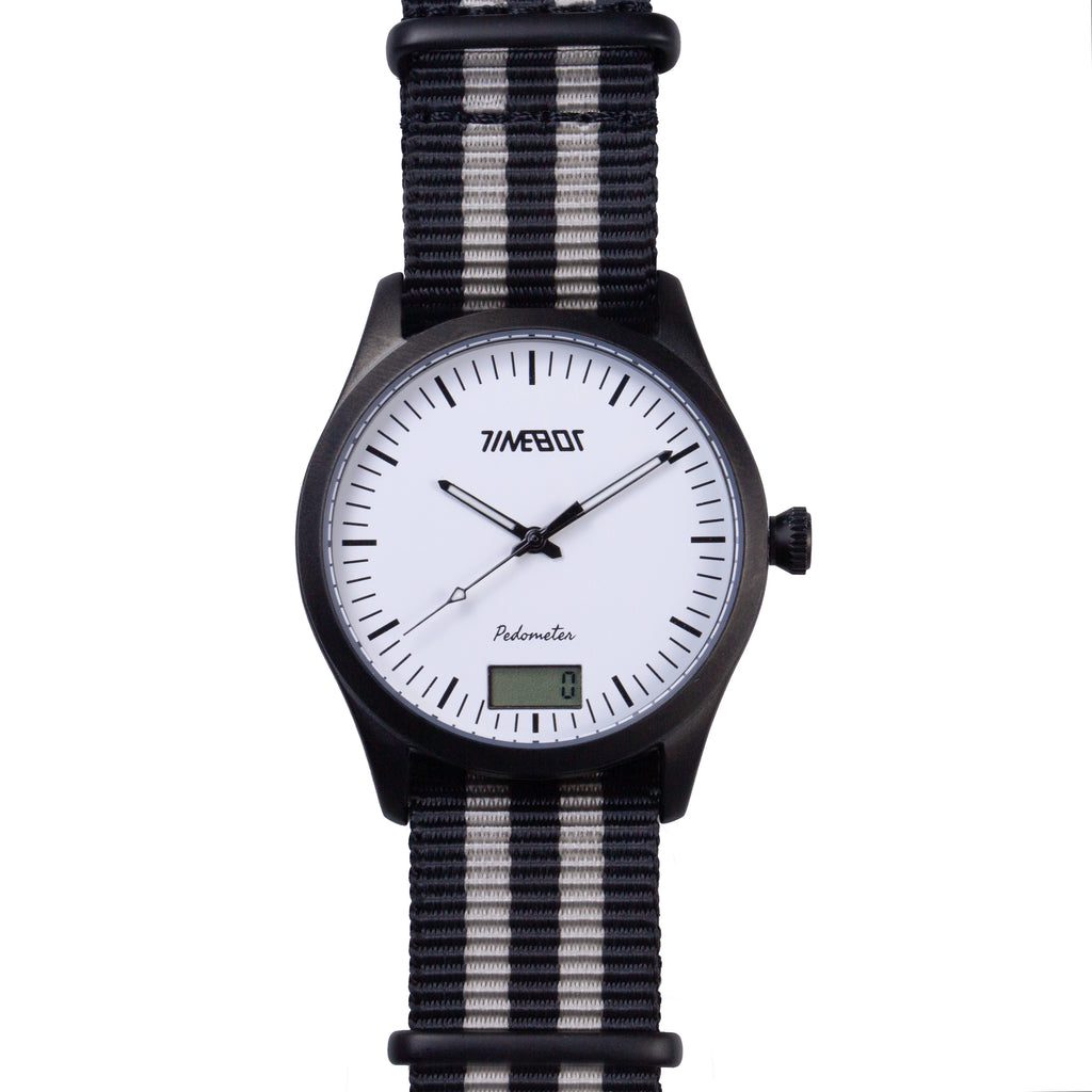 timebot Watch t591c3 with black and white striped strap on a white background