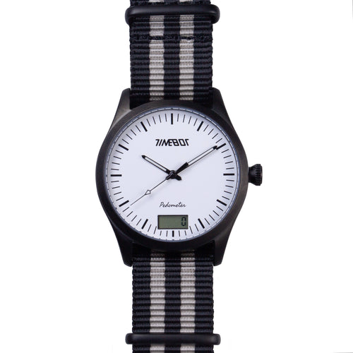 timebot Watch t591c3 with black and white striped strap on a white background