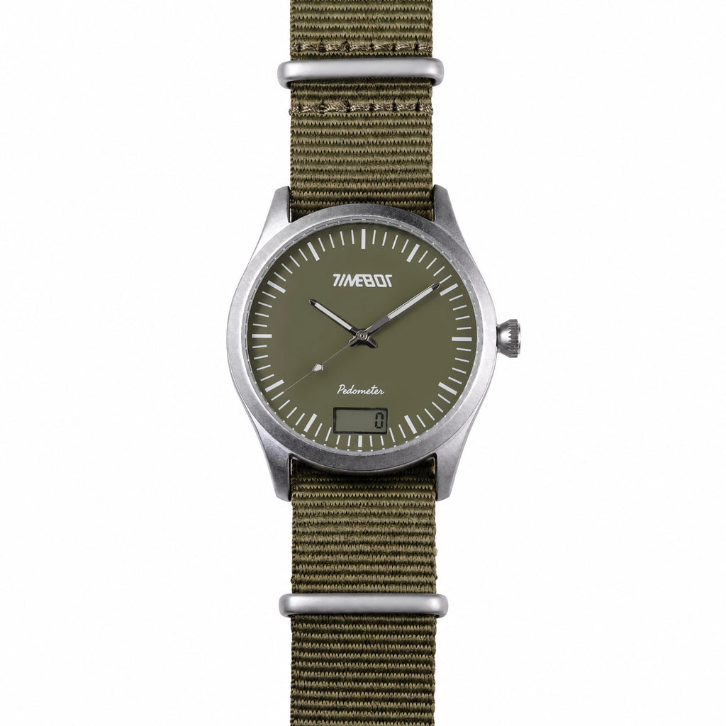 Timebot T591C5 pedometer Watch with green strap and face on a white background