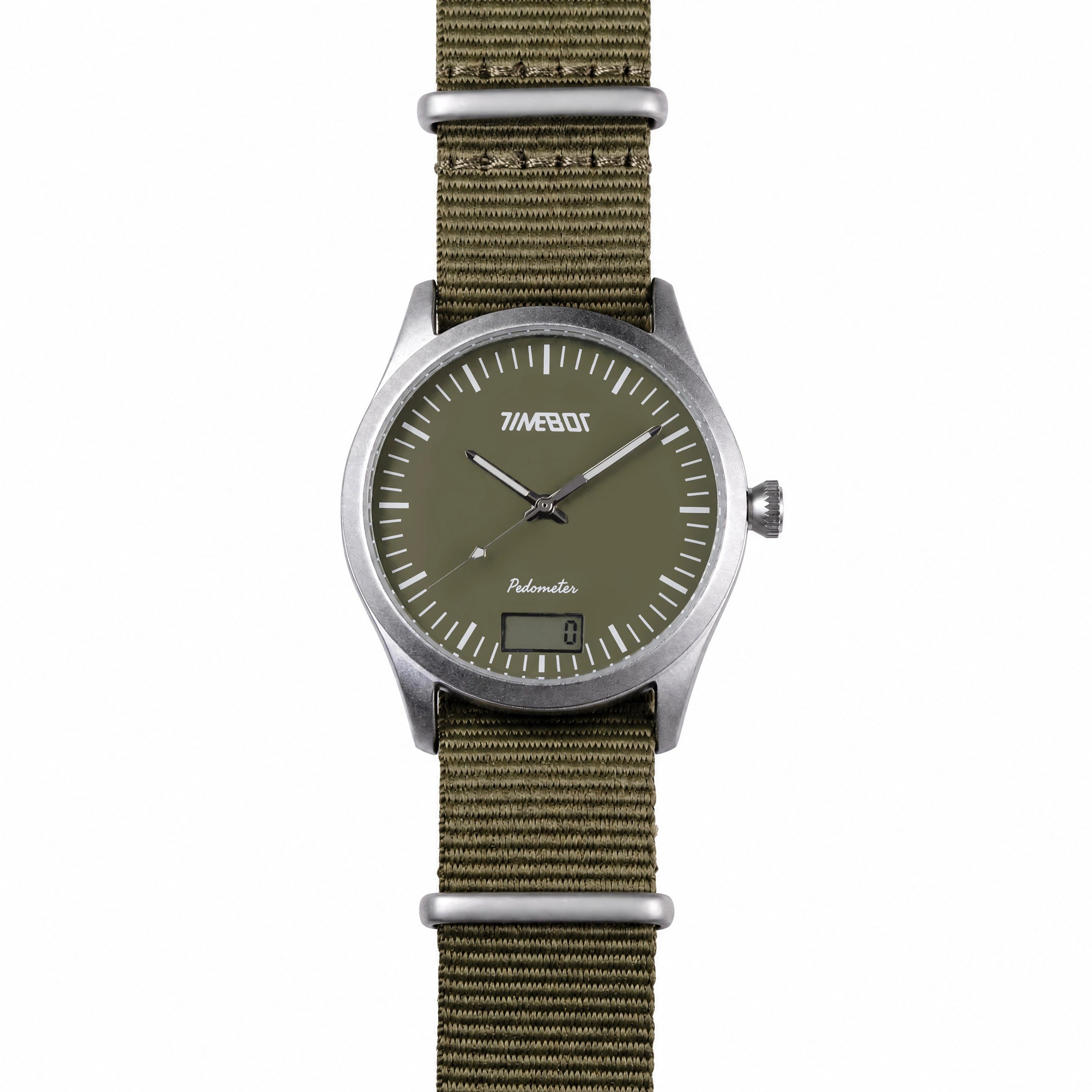 Timebot T591C5 pedometer Watch with green strap and face on a white background