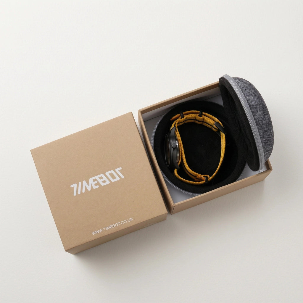 Unboxed cardboard packaging showing a protective zipper bag with a yellow Timebot step counting watch inside