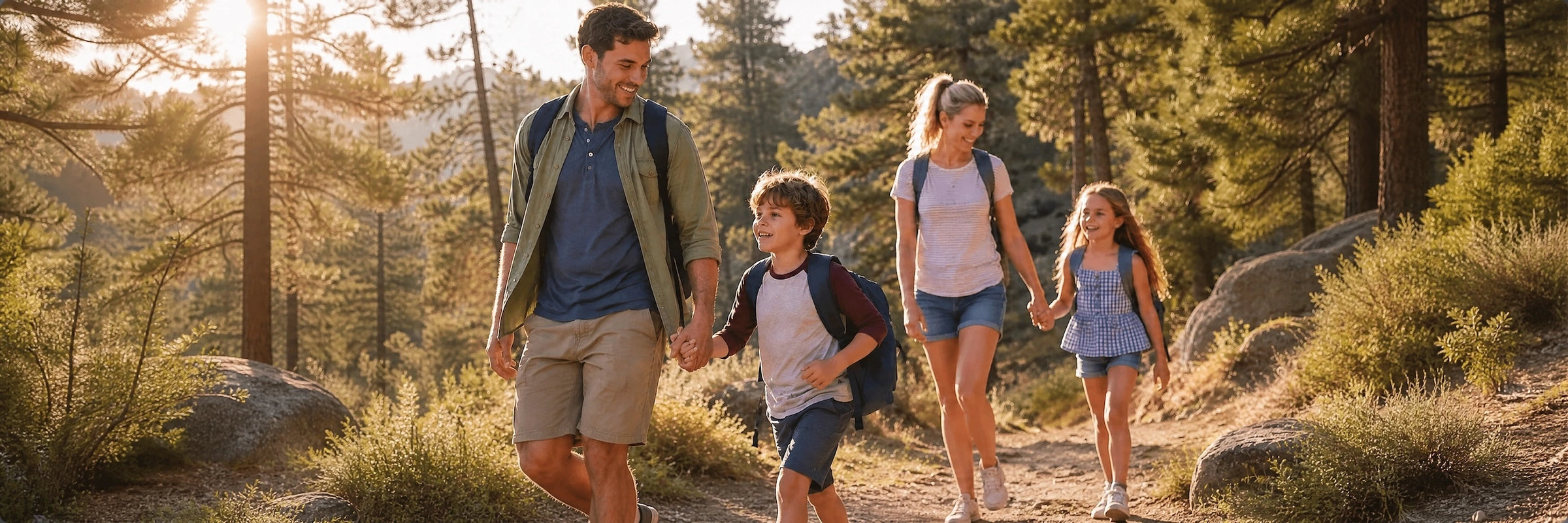Family of four walking together on a trail in a forest wearing timebot pedometer watches 
