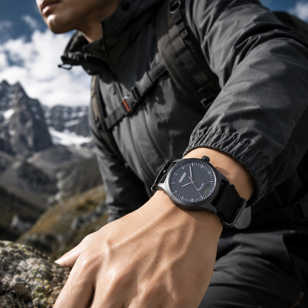 Person wearing a timebot pedometer t591c1 watch with a mountainous landscape in the background 