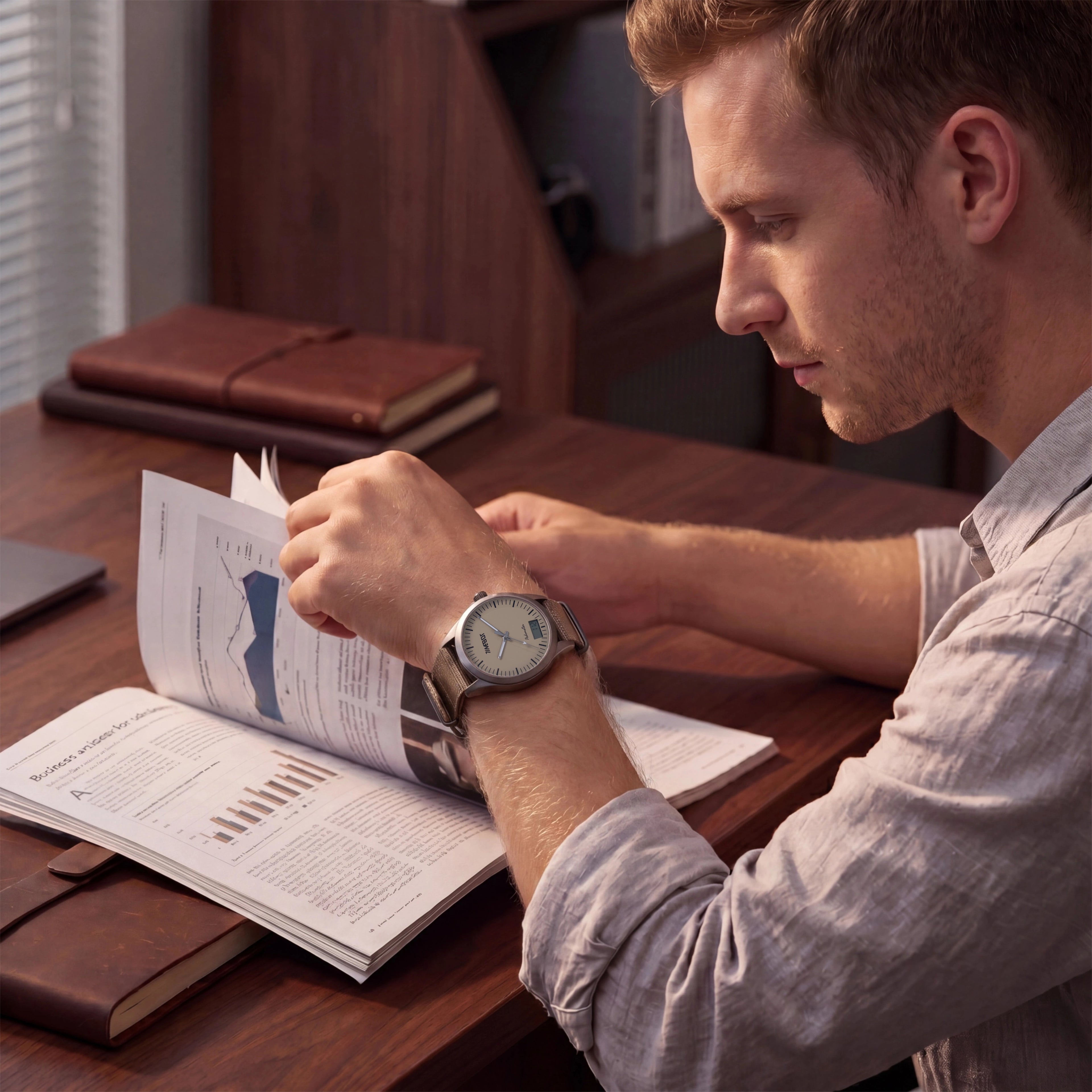 Man checking his step on a timebot pedometer watch, sitting in front of a desk.