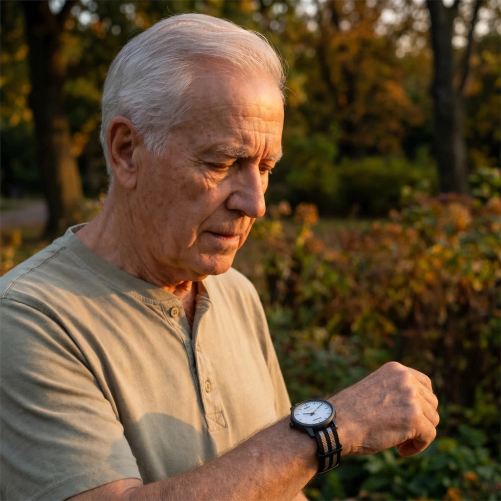Elderly man checking his daily step count on a Timebot simple pedometer watch on his wrist