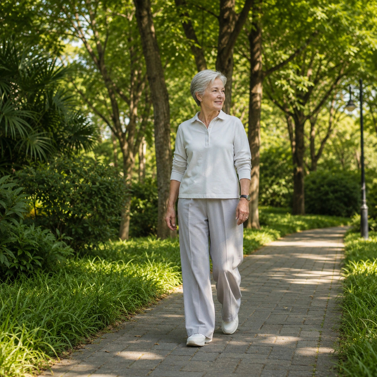 Senior woman walking outdoors wearing a simple Timebot standalone pedometer watch
