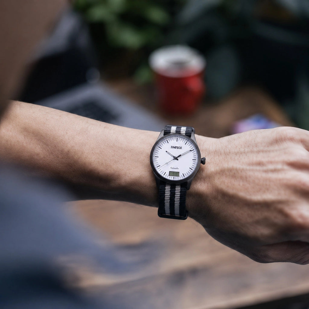 Close-up of a person's wrist wearing a lightweight Timebot step counting watch in a traditional design