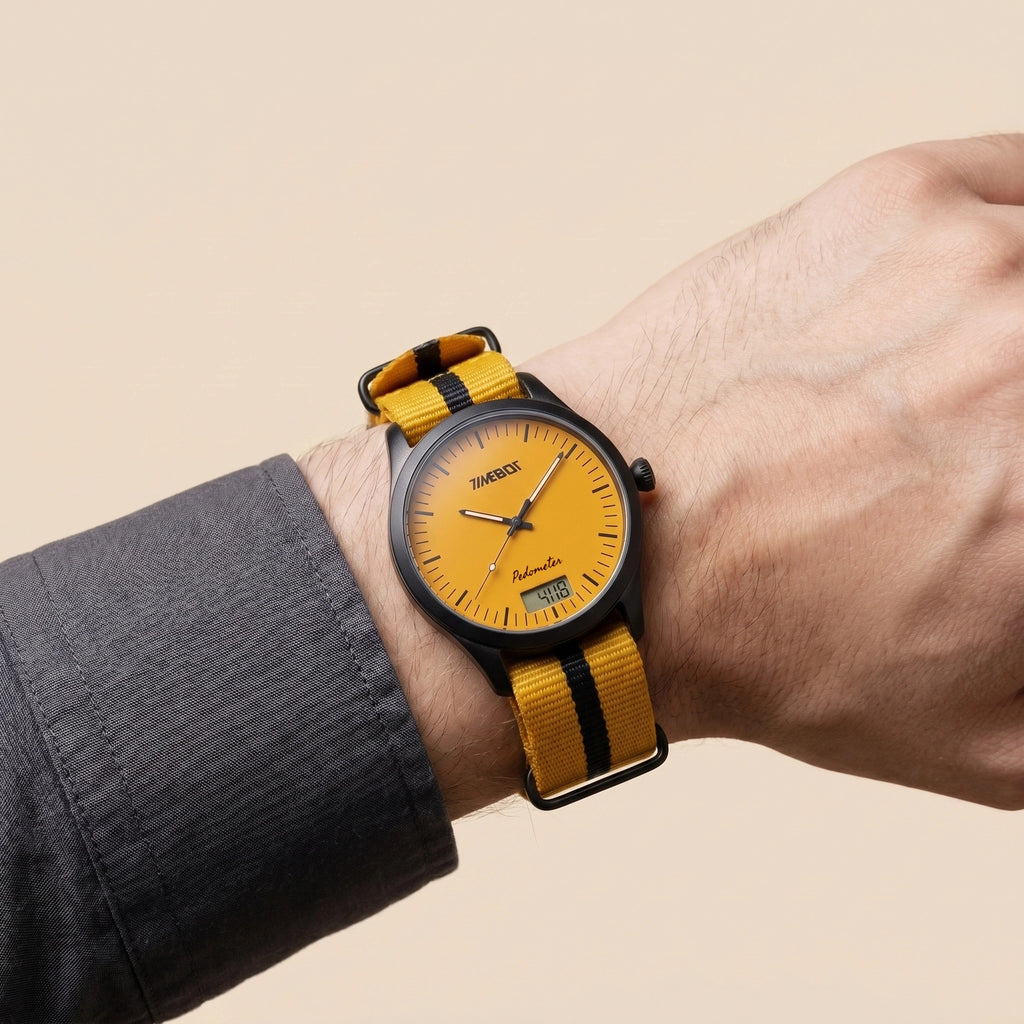 Timebot T591C2 Yellow wristwatch with black strap on a wrist against a beige background