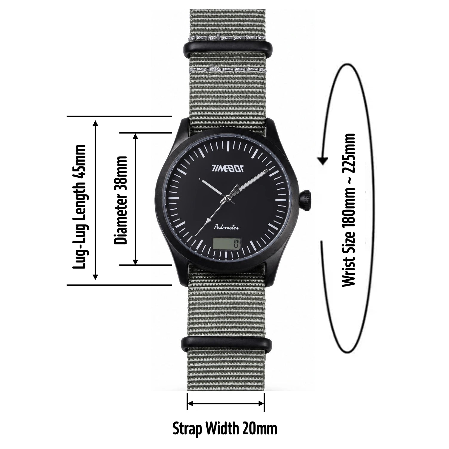 Timebot Matt Black Case Pedometer Watch - Black
