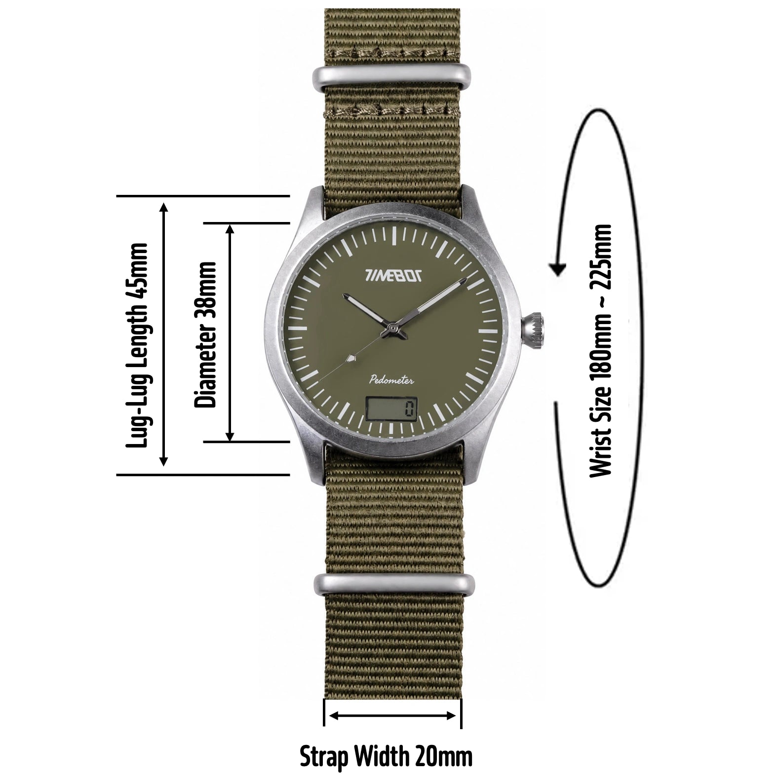 Timebot Silver Case Pedometer Watch - Khaki