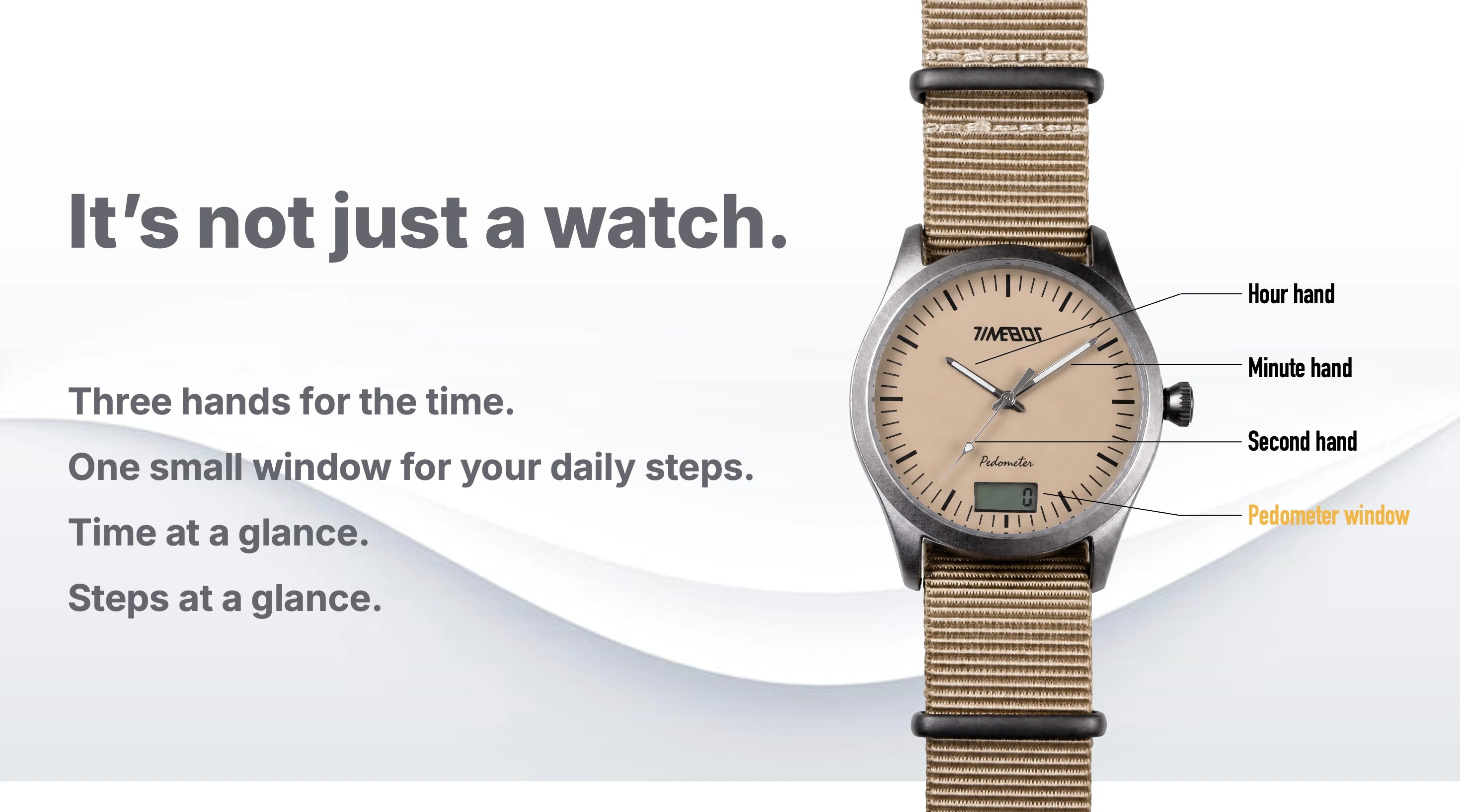 Front view diagram of a Timebot watch labeling the analog hands and the digital step counter display window
