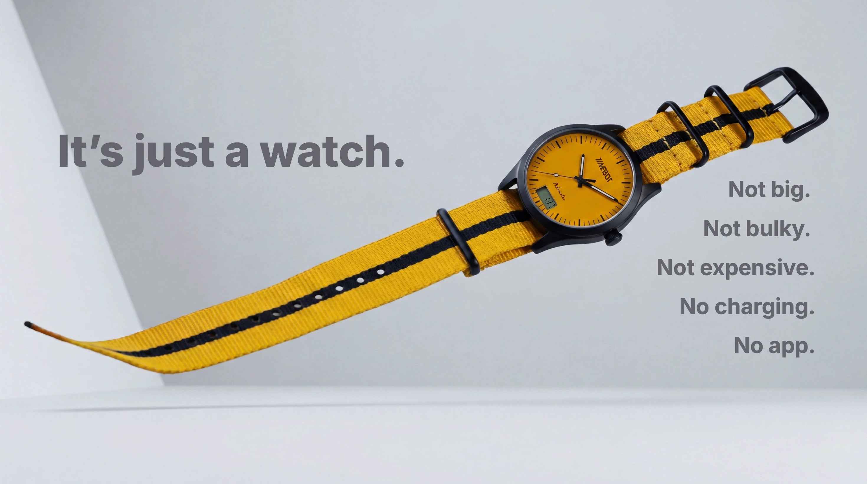 Action shot of a yellow dial Timebot watch with a yellow NATO fabric strap floating mid-air